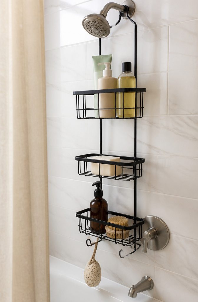 A shower caddy hanging over a showerhead with various toiletries.