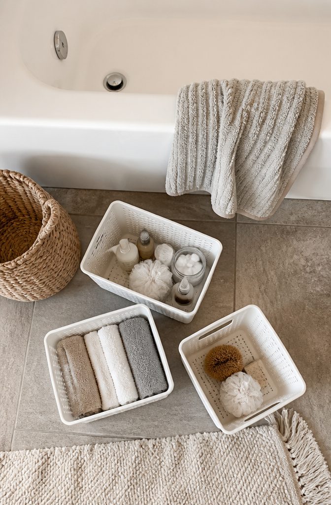 Stackable storage bins arranged under a bathroom sink for easy access.
