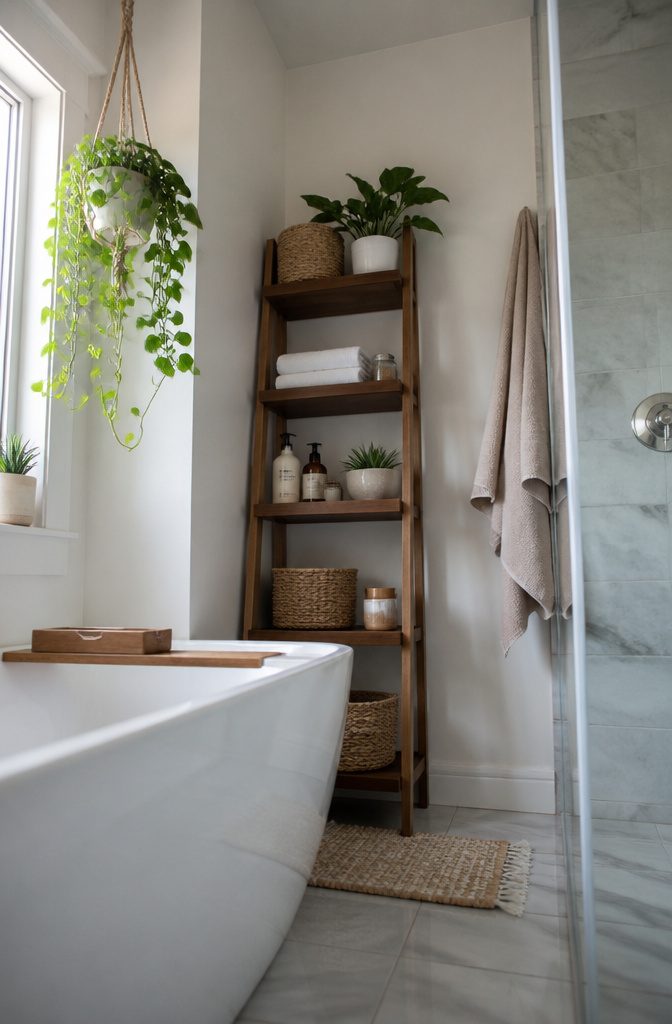 A tall leaning shelf above a toilet maximizing vertical storage.
