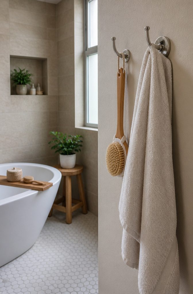 A wall hook displaying a wet towel, demonstrating its holding capacity.