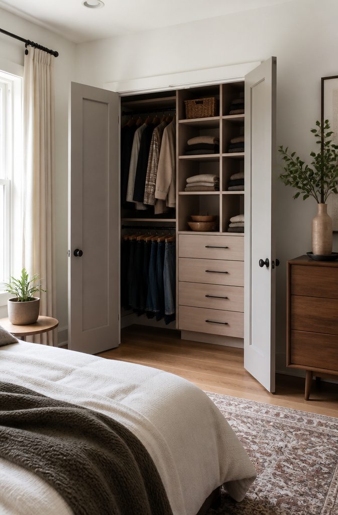 Wall-mounted rails and brackets for a closet organization system.