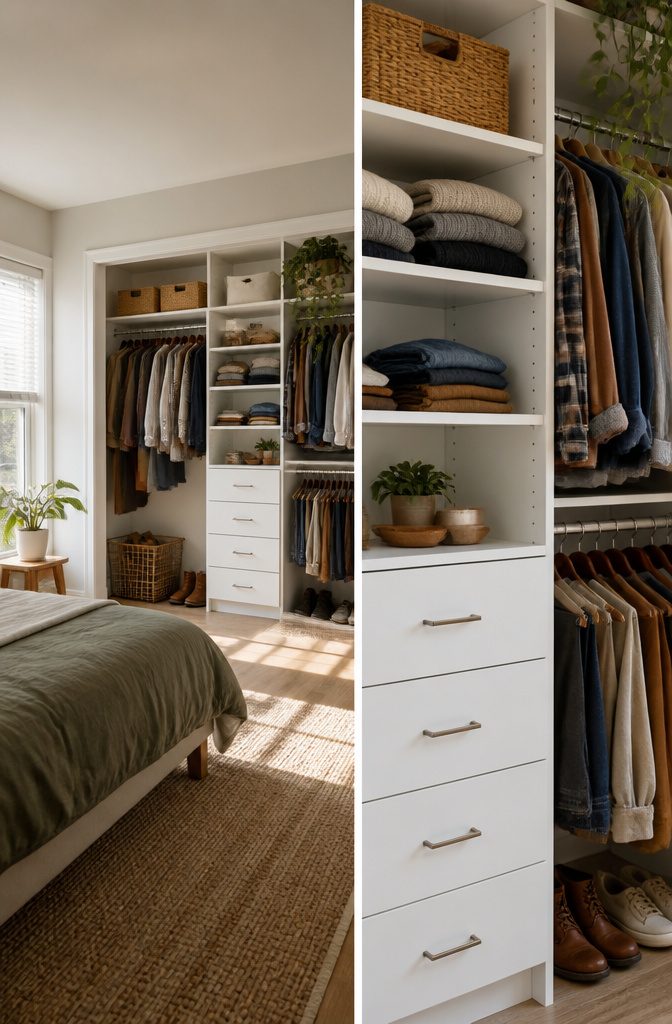 A custom-built closet system with drawers and shelves.
