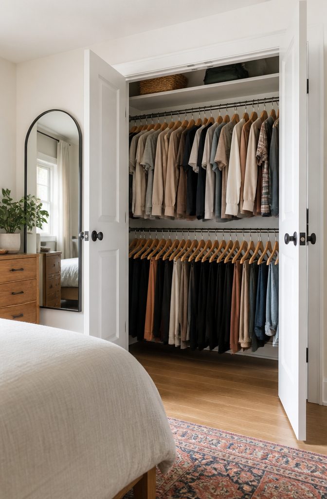A closet with two hanging rods for clothing organization.