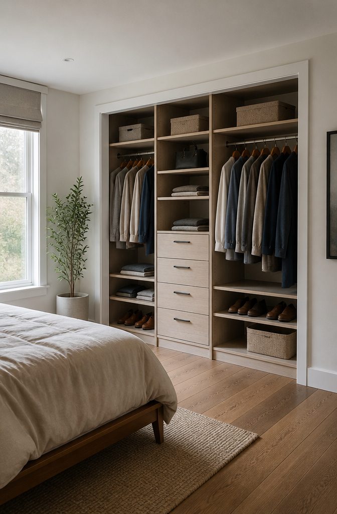 A wall-mounted closet system with shelves and hanging rods.
