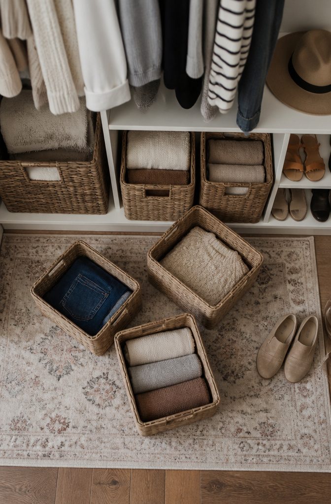 Uniform baskets stacked on a closet shelf for organization.