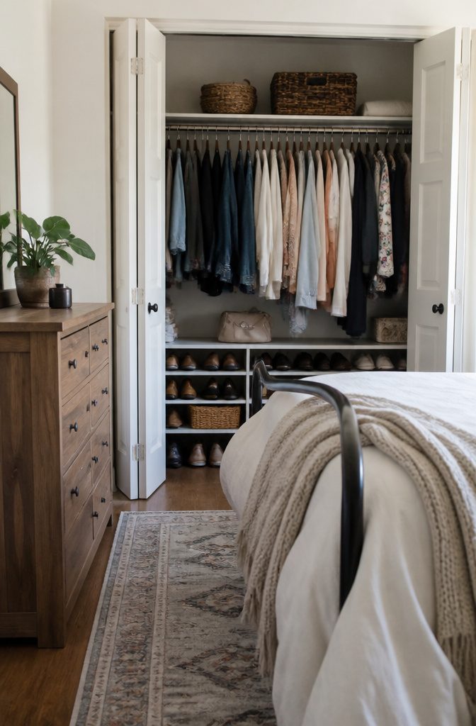 A dresser positioned inside a closet for clothing storage.