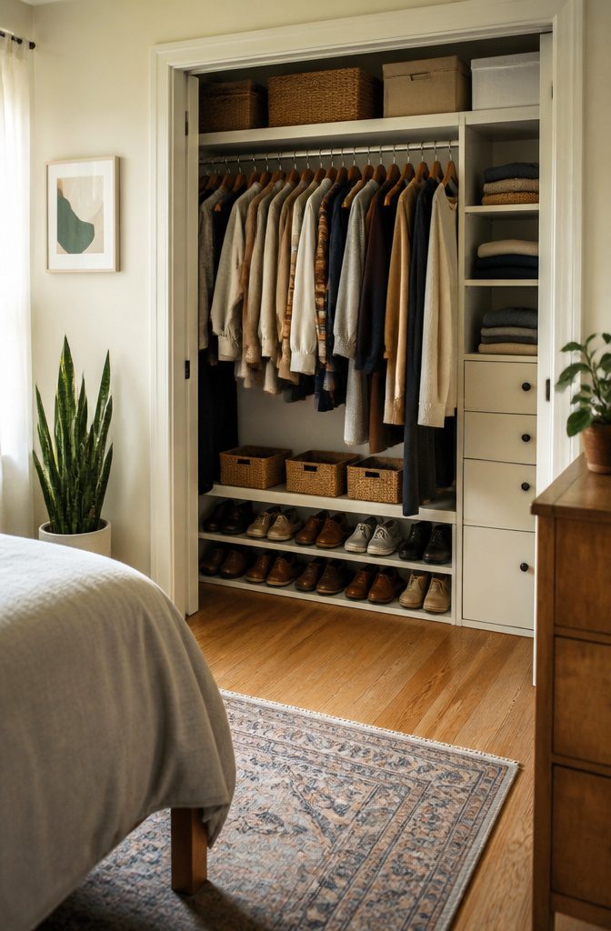 Bins for off-season clothing stored under a bed.