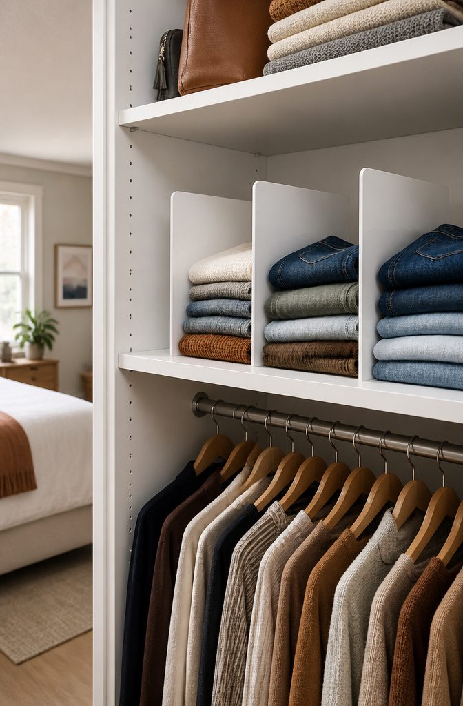 Shelf dividers separating stacks of folded clothing.