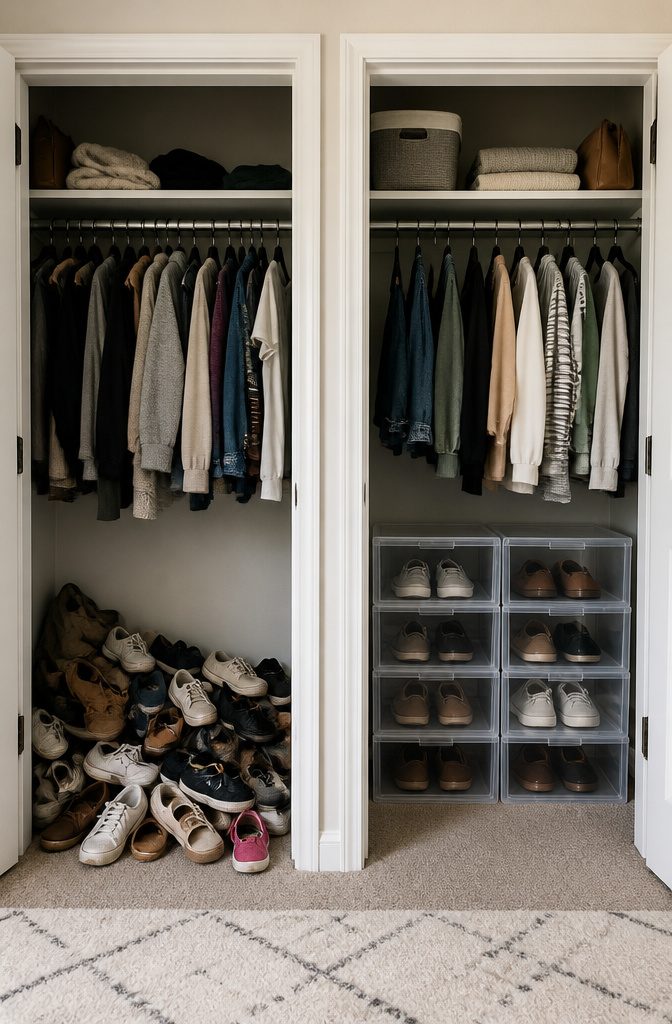 Clear stackable shoe bins arranged on a closet shelf.