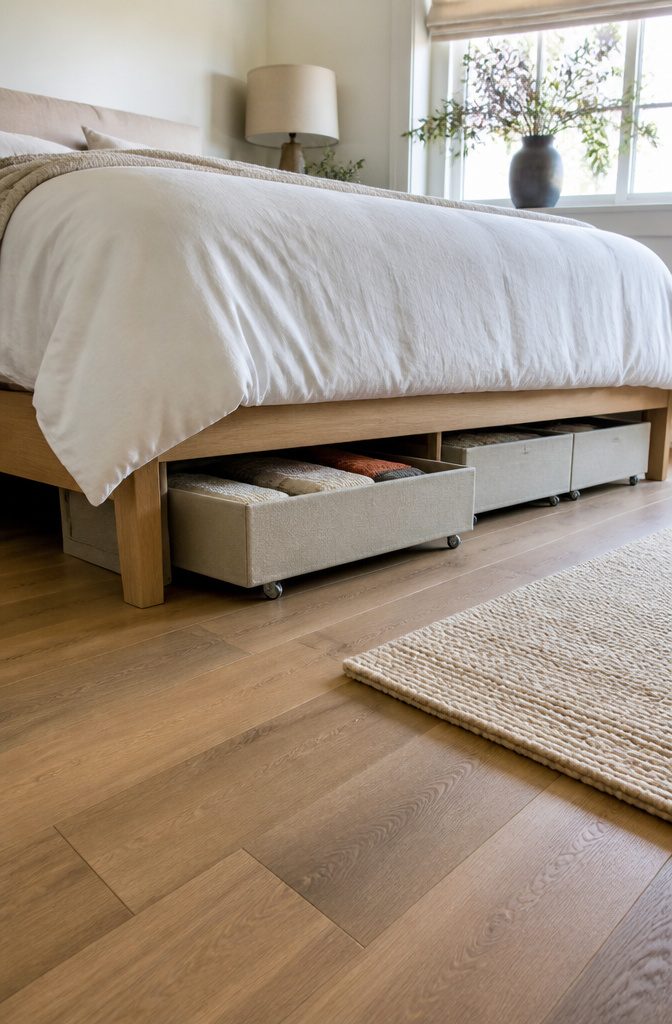 Flat bins for under-bed storage visible under a bed frame.