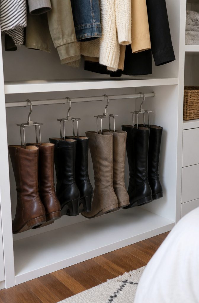 Boots hanging on specialized boot hangers in a closet.