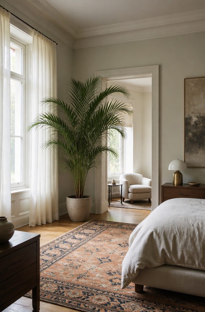 Bedroom Plants: 10 Ideas for Style, Sleep, and Care 7 An areca palm reaching towards the ceiling in a cozy corner.