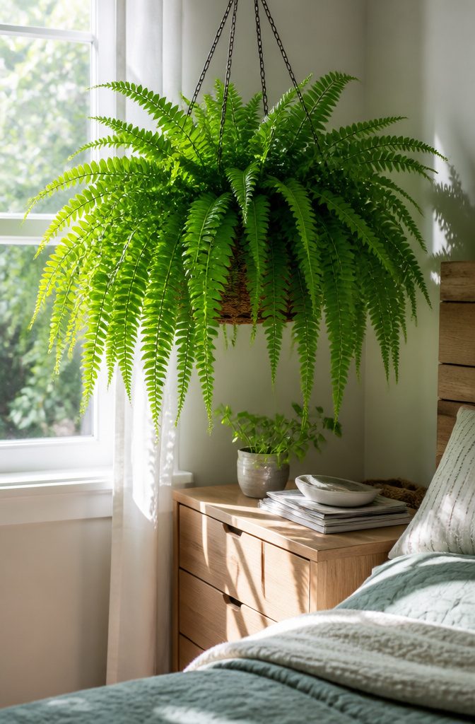 Bedroom Plants: 10 Ideas for Style, Sleep, and Care 9 A Boston fern in a hanging basket with arching fronds.