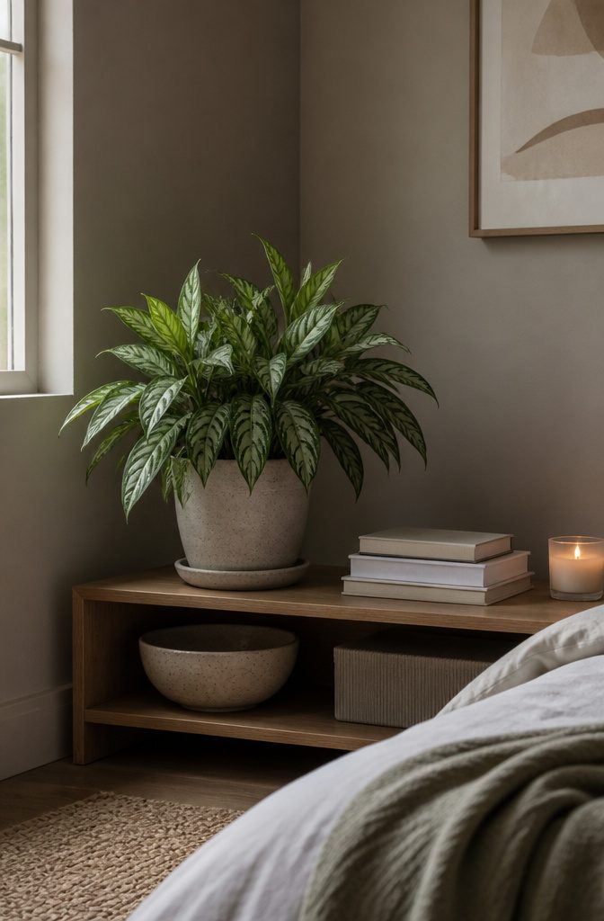 Bedroom Plants: 10 Ideas for Style, Sleep, and Care 8 A Chinese evergreen with patterned leaves on a low shelf.