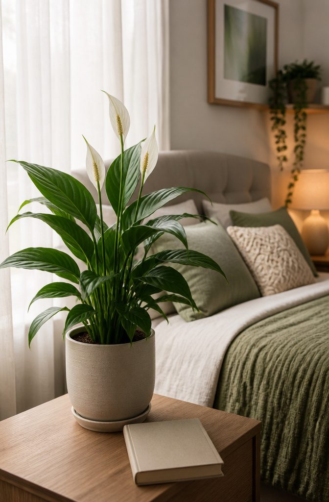Bedroom Plants: 10 Ideas for Style, Sleep, and Care 2 A peace lily with dark green leaves beside a soft bed.