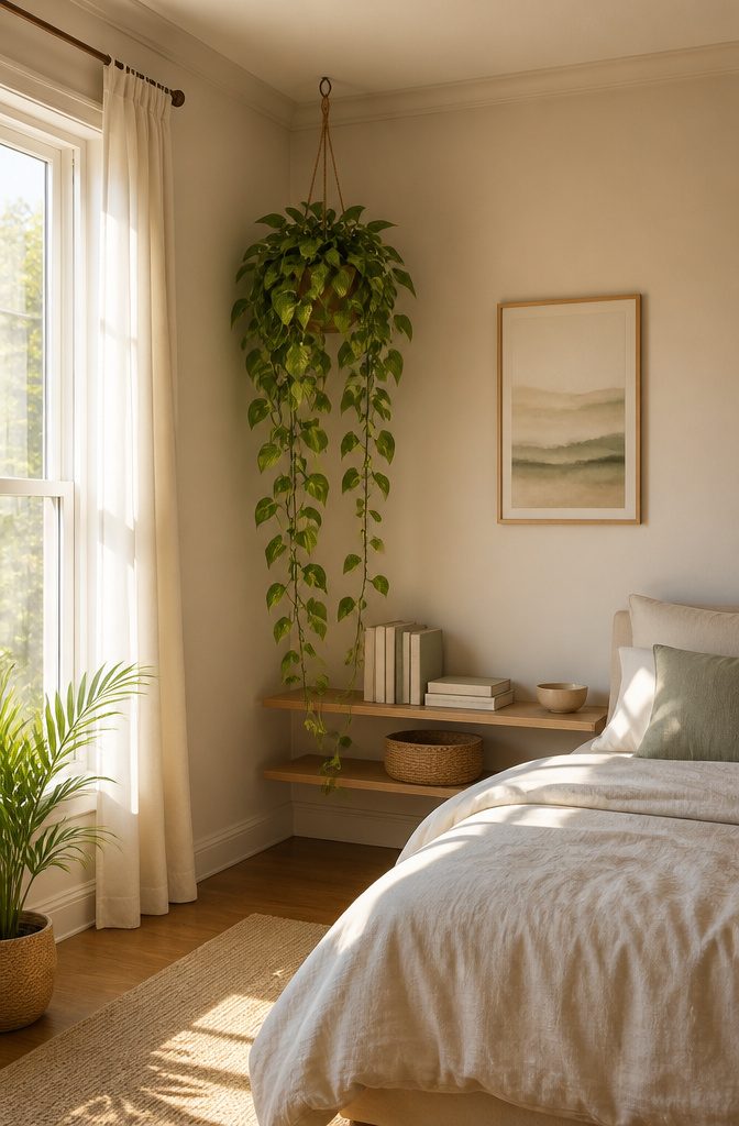 Bedroom Plants: 10 Ideas for Style, Sleep, and Care 3 Trailing pothos with heart-shaped leaves on a bedroom shelf.