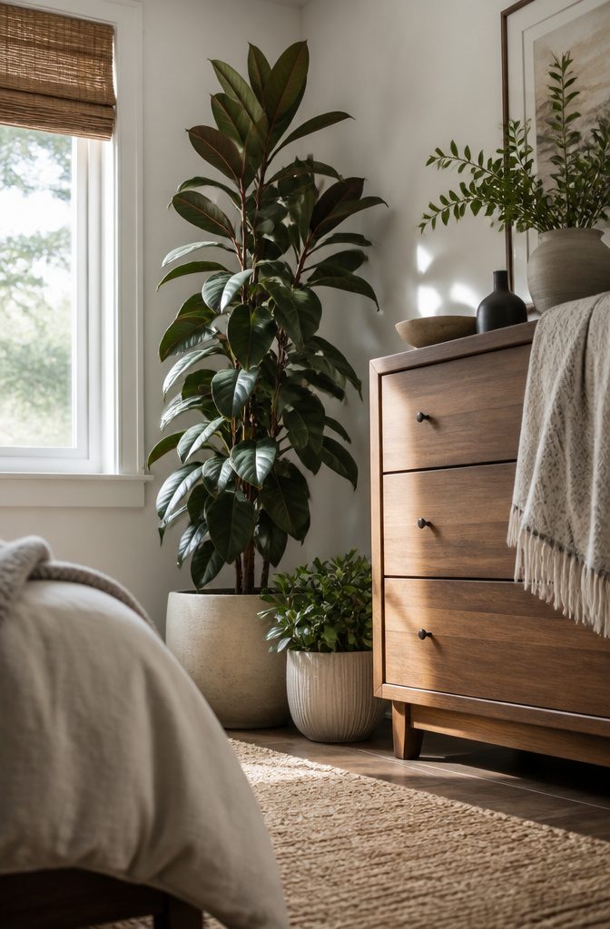 Bedroom Plants: 10 Ideas for Style, Sleep, and Care 5 A rubber plant with thick leaves growing beside a dresser.