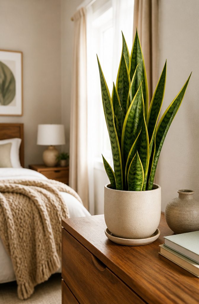 Bedroom Plants: 10 Ideas for Style, Sleep, and Care 1 A snake plant with upright sword-shaped leaves on a dresser.