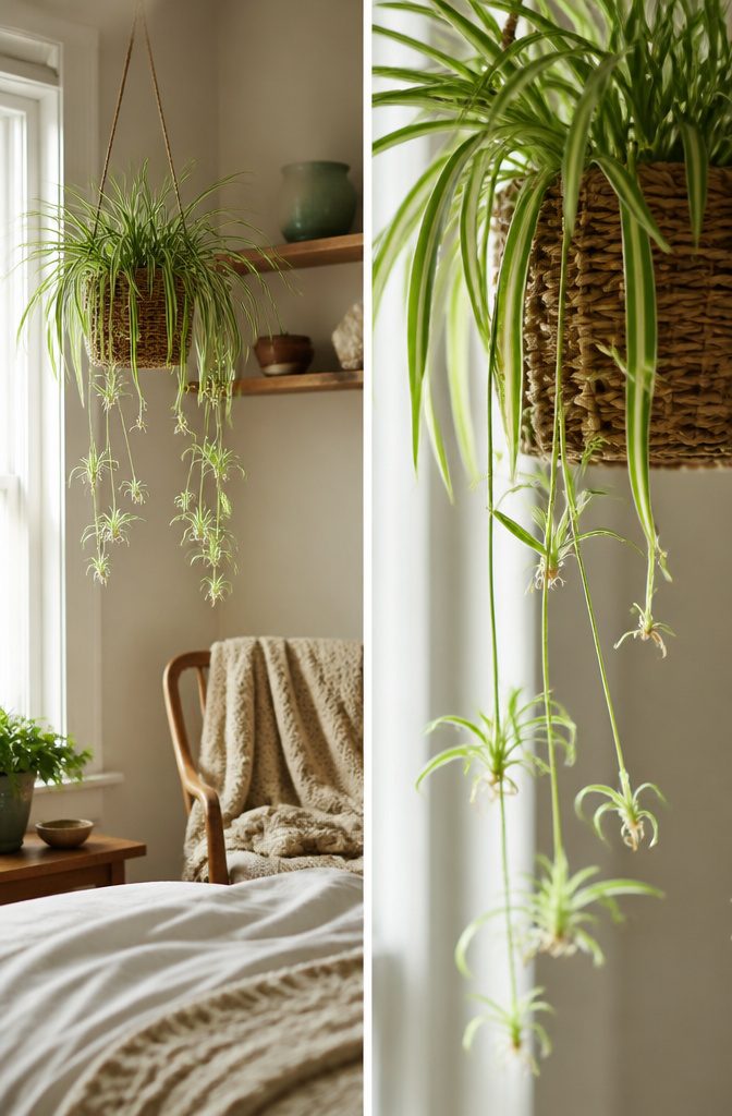 Bedroom Plants: 10 Ideas for Style, Sleep, and Care 4 A spider plant with long stems and plantlets in a hanging basket.