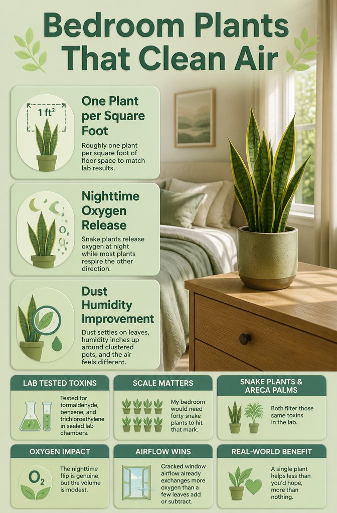 Bedroom Plants: 10 Ideas for Style, Sleep, and Care 11 An infographic illustrating plants that clean indoor air.