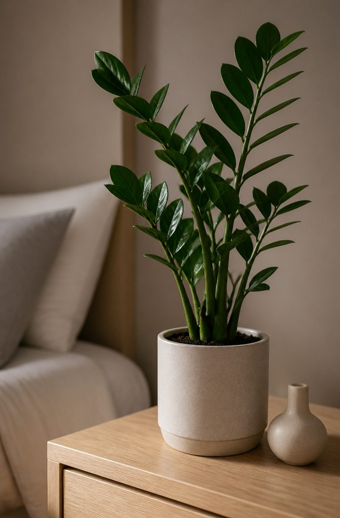 Bedroom Plants: 10 Ideas for Style, Sleep, and Care 10 A ZZ plant with upright stems and waxy leaves on a shelf.
