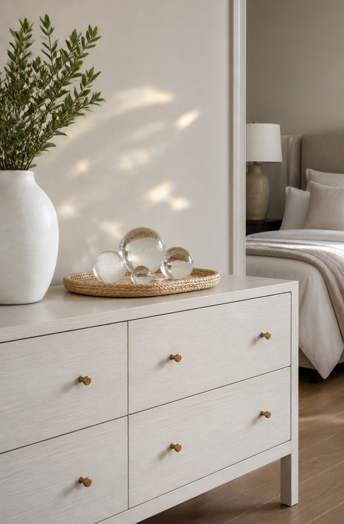 10 Bedroom Dresser Ideas for Every Style 5 Three crystal spheres on a minimalist white wood dresser.