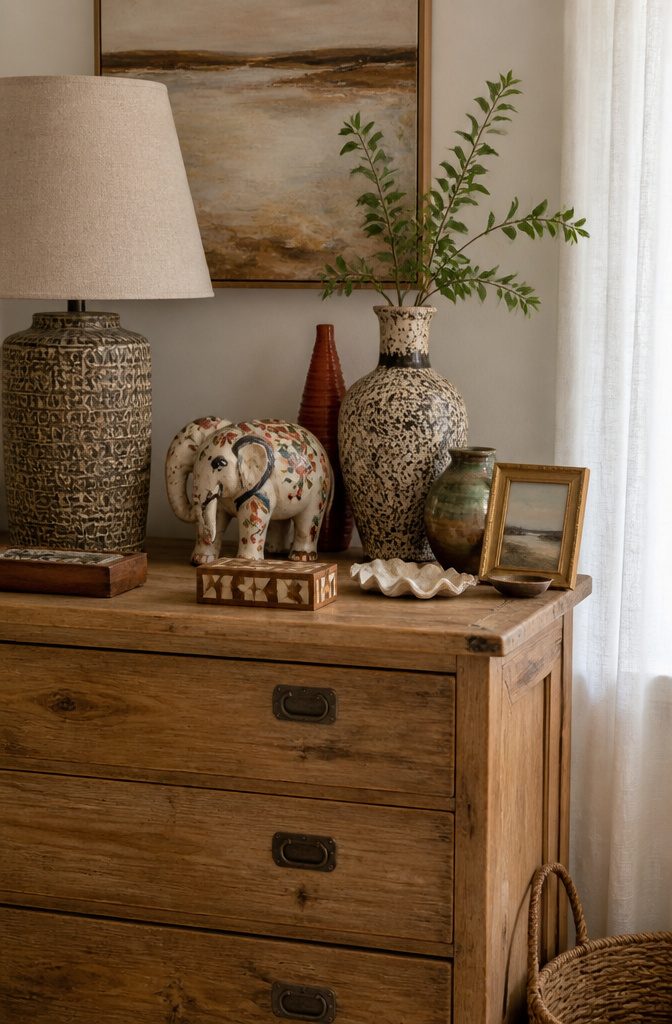 10 Bedroom Dresser Ideas for Every Style 3 A rustic dresser topped with various trinkets and a lamp.