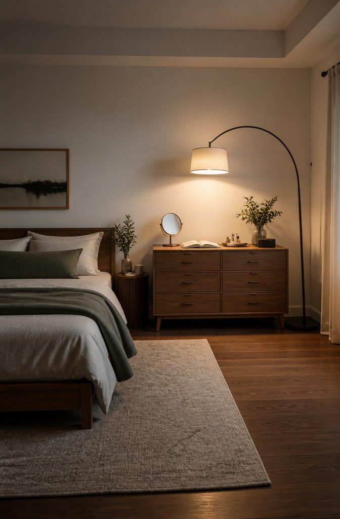 10 Bedroom Dresser Ideas for Every Style 9 A floor lamp positioned beside a dresser.