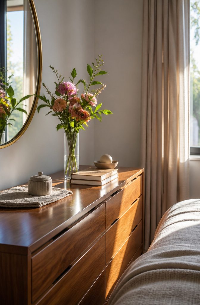 10 Bedroom Dresser Ideas for Every Style 2 A glass vase with flowers on top of a dresser.