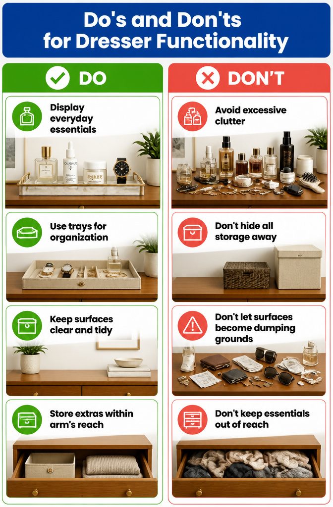 10 Bedroom Dresser Ideas for Every Style 13 A dresser with organized daily essentials and decorative elements.