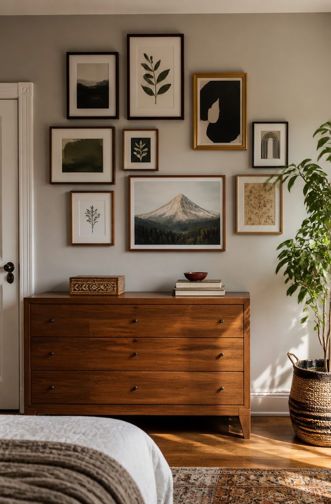 10 Bedroom Dresser Ideas for Every Style 10 A gallery wall with multiple frames above a dresser.