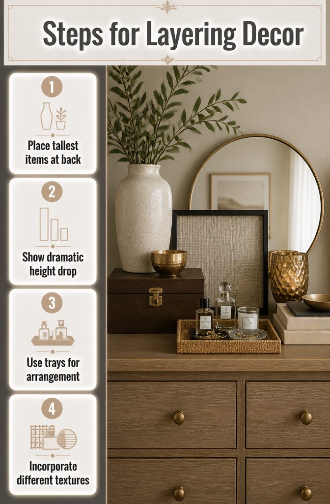 10 Bedroom Dresser Ideas for Every Style 12 A layered decor setup on a dresser with various items.