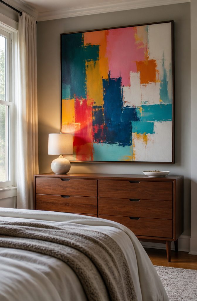 10 Bedroom Dresser Ideas for Every Style 7 A large painting mounted above a dresser.