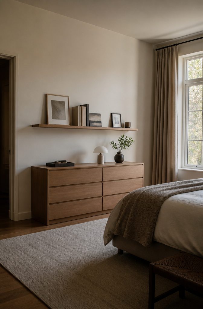 10 Bedroom Dresser Ideas for Every Style 4 A wall-mounted shelf above a dresser with decorative items.