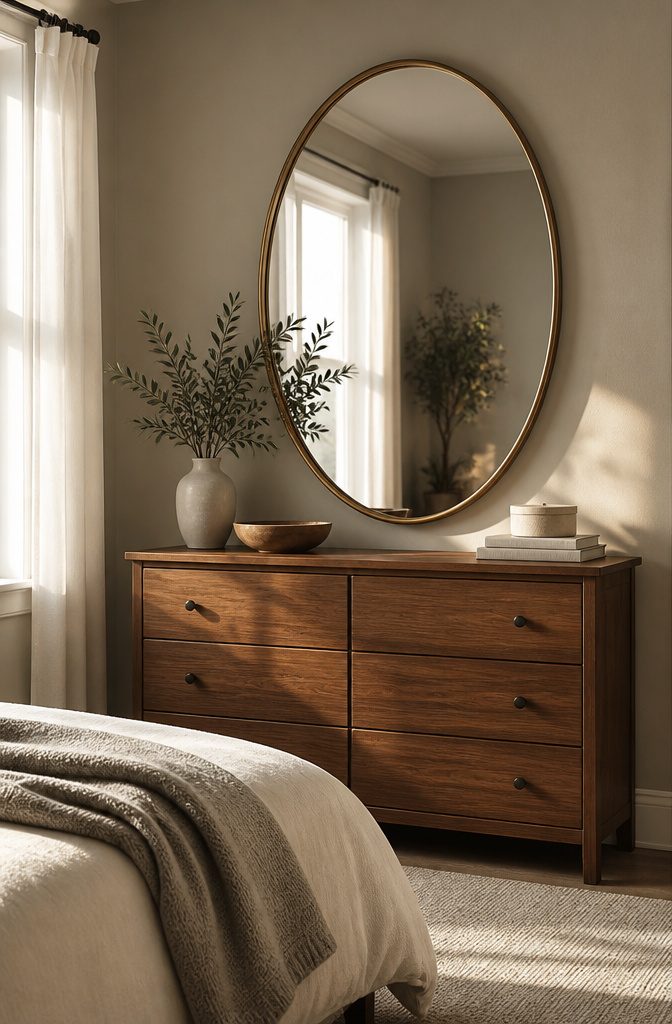 10 Bedroom Dresser Ideas for Every Style 1 An oval frame mirror mounted above a dresser.