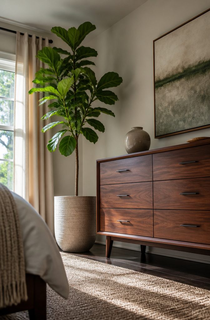 10 Bedroom Dresser Ideas for Every Style 8 A tall houseplant in a ceramic planter next to a dresser.