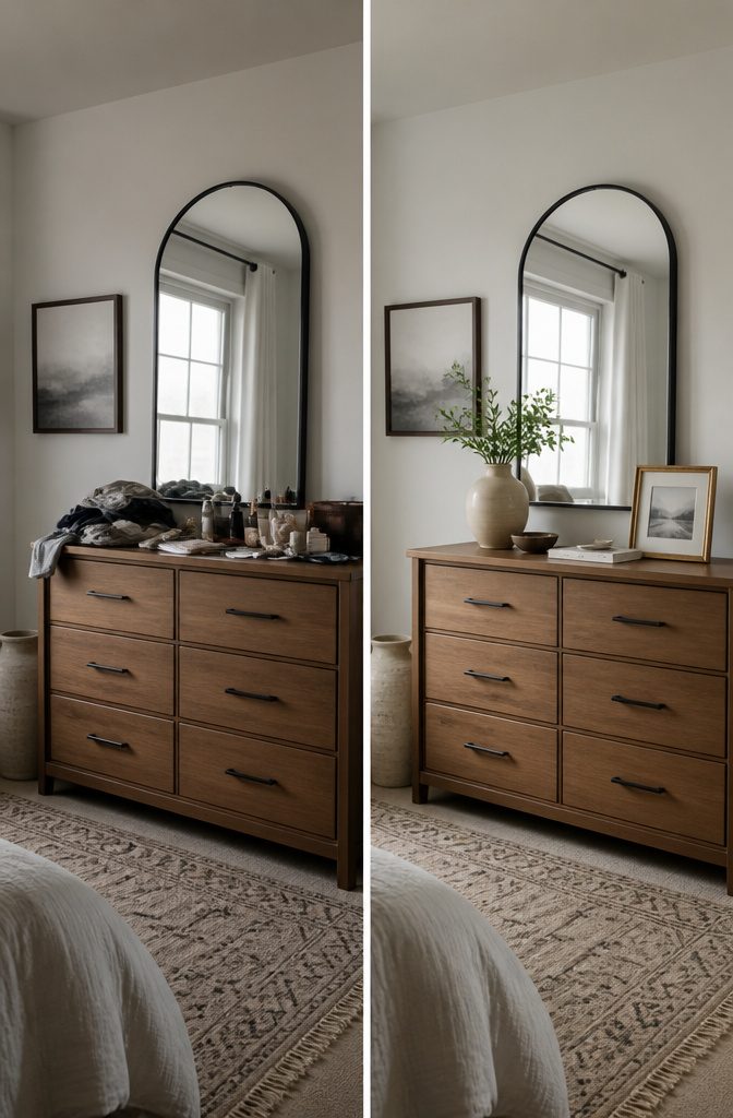 10 Bedroom Dresser Ideas for Every Style 11 A dresser with a tidy surface and decorative items.