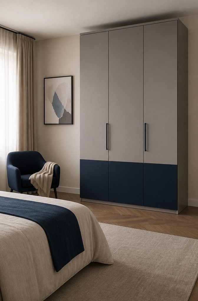 13 Bedroom with Wardrobe Ideas for Modern Spaces in 2026 10 A two-tone color block wardrobe in a softly decorated bedroom.