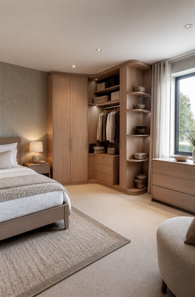 13 Bedroom with Wardrobe Ideas for Modern Spaces in 2026 7 An L-shaped corner wardrobe maximizing storage in a bedroom.