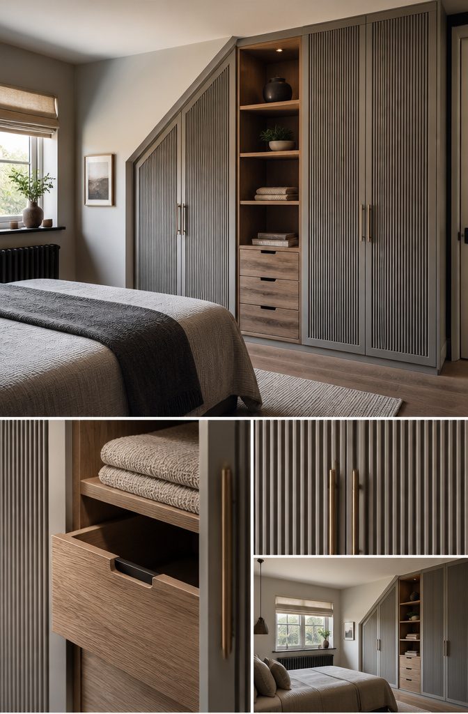 13 Bedroom with Wardrobe Ideas for Modern Spaces in 2026 13 A bespoke wardrobe designed to fit a bedroom with sloped ceilings.