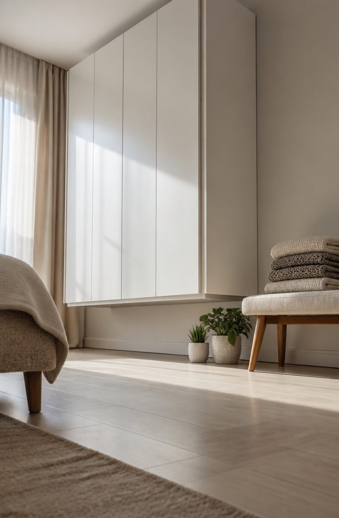 13 Bedroom with Wardrobe Ideas for Modern Spaces in 2026 3 A wall-mounted floating wardrobe above the floor in a modern bedroom.