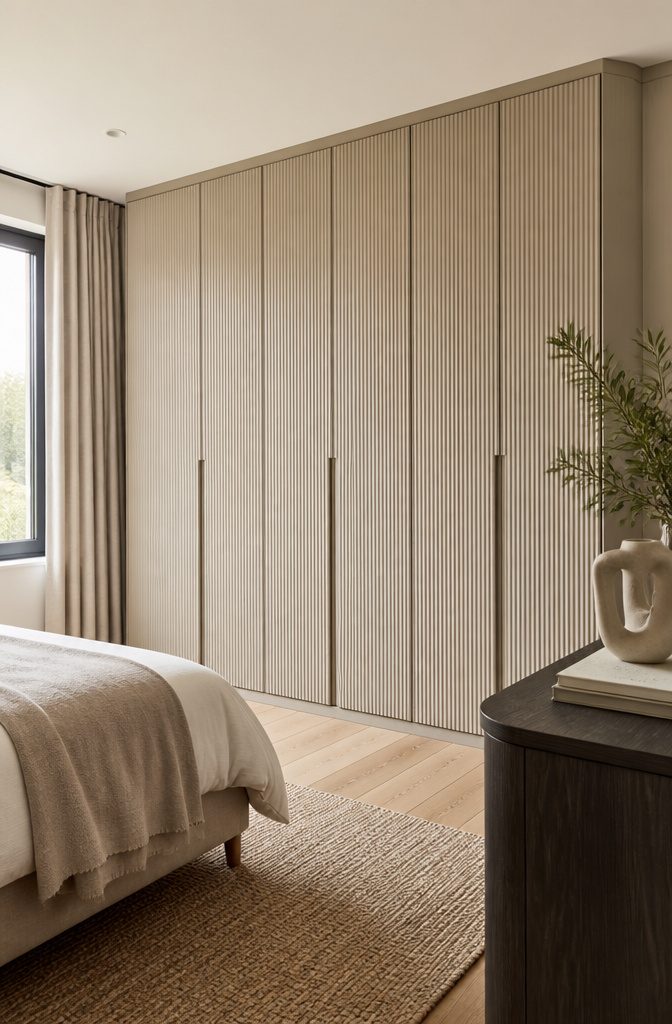 13 Bedroom with Wardrobe Ideas for Modern Spaces in 2026 9 A wardrobe with fluted panel design in a stylish bedroom.