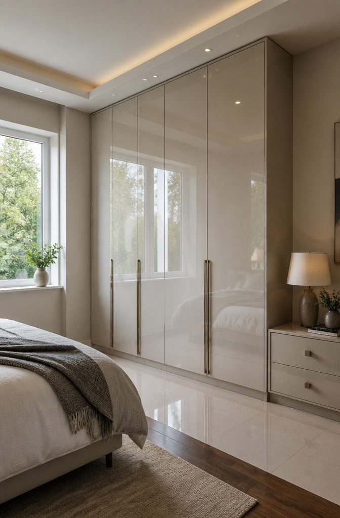 13 Bedroom with Wardrobe Ideas for Modern Spaces in 2026 4 A high-gloss finished wardrobe against a soft-hued wall in a small bedroom.