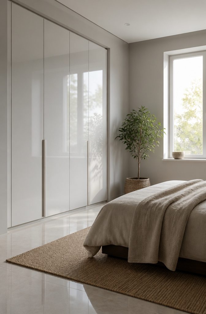13 Bedroom with Wardrobe Ideas for Modern Spaces in 2026 16 A high-gloss white wardrobe harmonizing with gray walls and floor.