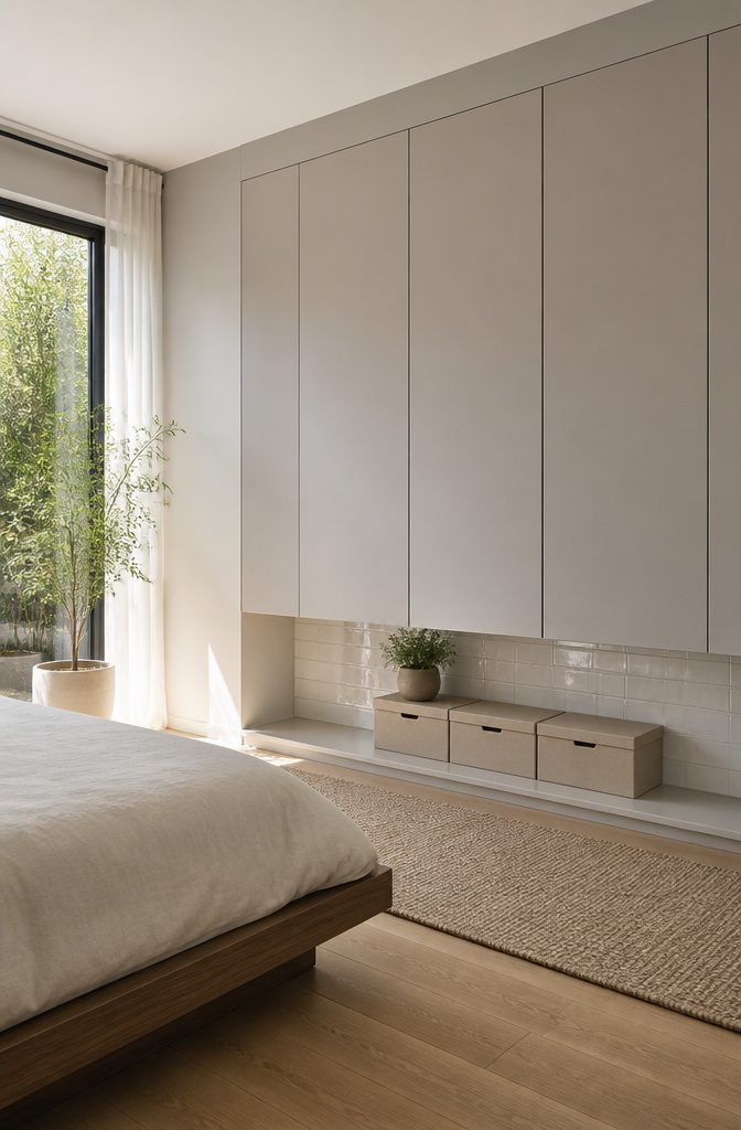 13 Bedroom with Wardrobe Ideas for Modern Spaces in 2026 5 A handle-less minimalist wardrobe integrated into a bright bedroom wall.