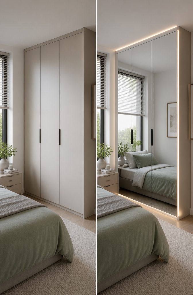 13 Bedroom with Wardrobe Ideas for Modern Spaces in 2026 6 Wardrobe doors with mirrors reflecting light in a compact bedroom.