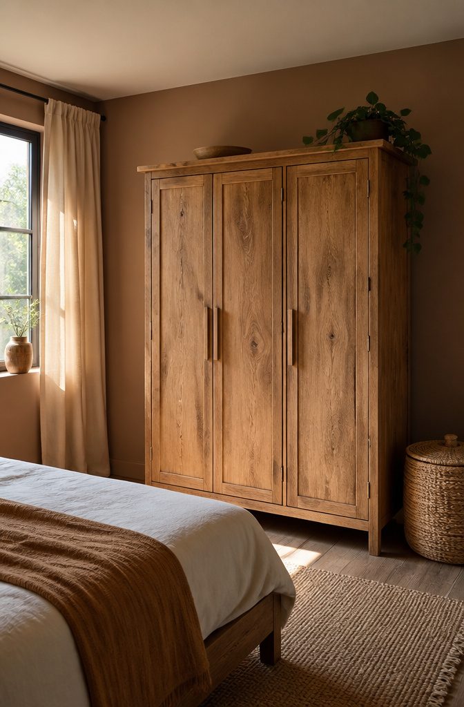 13 Bedroom with Wardrobe Ideas for Modern Spaces in 2026 8 A raw wood wardrobe in a warmly decorated bedroom.