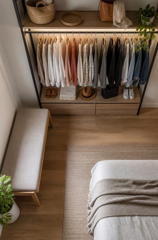 13 Bedroom with Wardrobe Ideas for Modern Spaces in 2026 11 An open wardrobe showcasing neatly arranged clothing and accessories.