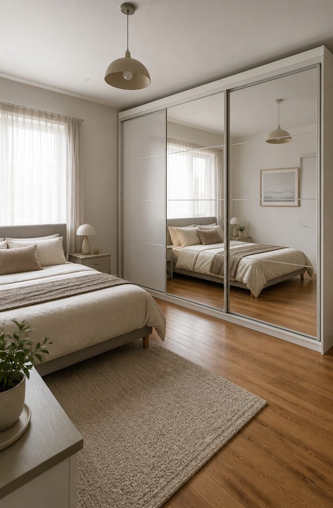 13 Bedroom with Wardrobe Ideas for Modern Spaces in 2026 1 A sliding door wardrobe with mirrored panels in a small bedroom.
