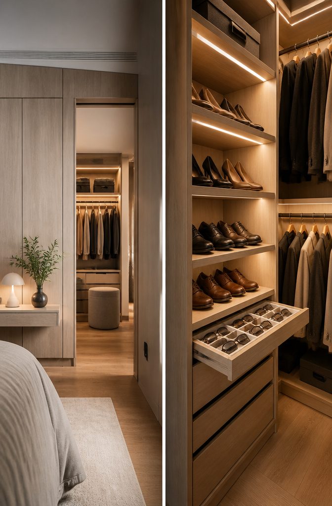 13 Bedroom with Wardrobe Ideas for Modern Spaces in 2026 2 A small walk-in wardrobe featuring adjustable shelving and integrated lighting.